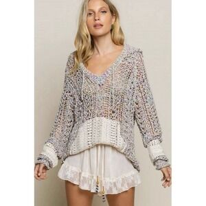 POL Size L Boho Open Knit Hooded Sweater Lace Pocket Pullover Beach Resortwear